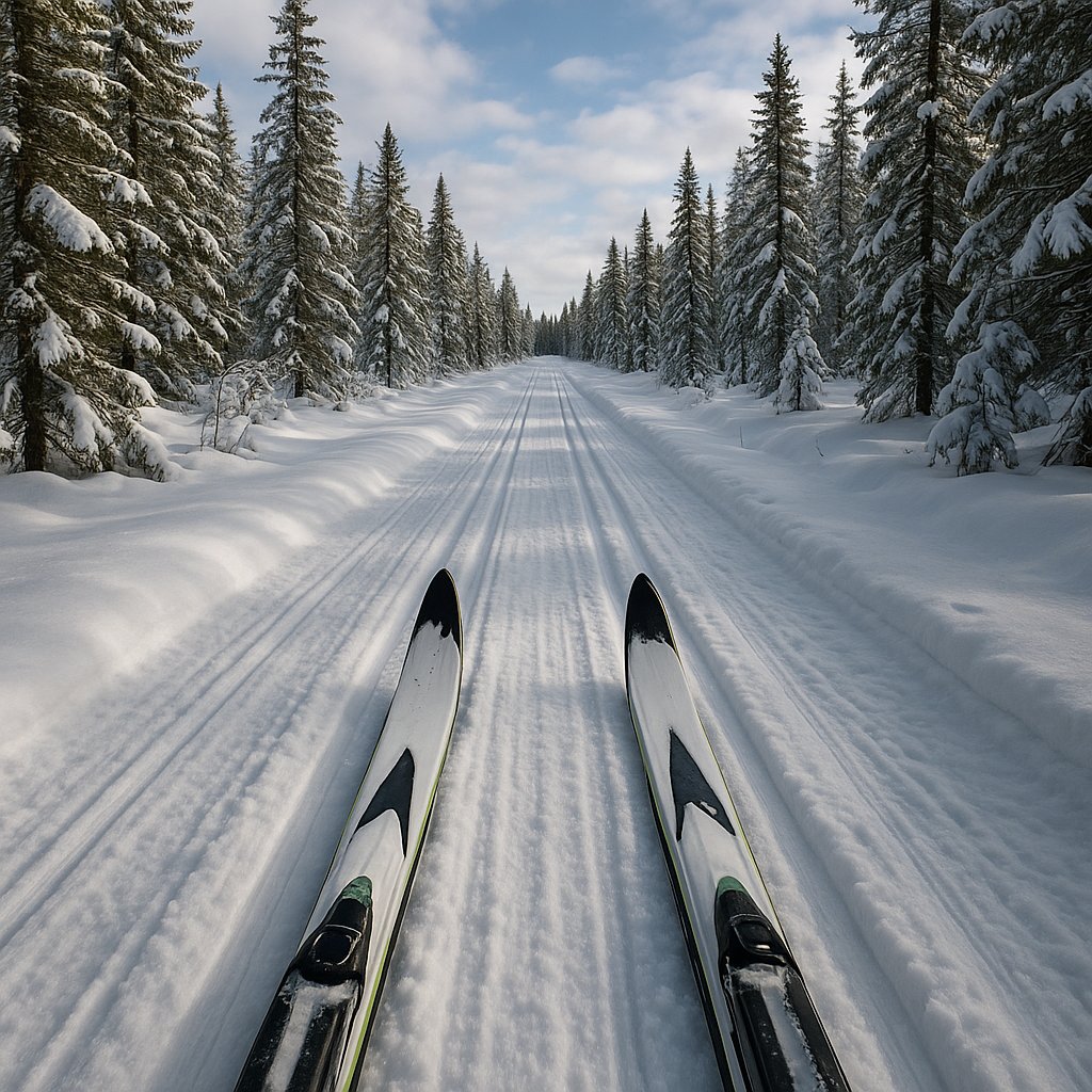 POV Cross-Country Skiing on a Groomed Winter Trail