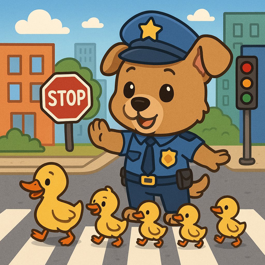 Puppy Policeman Helping Ducklings Across the Street