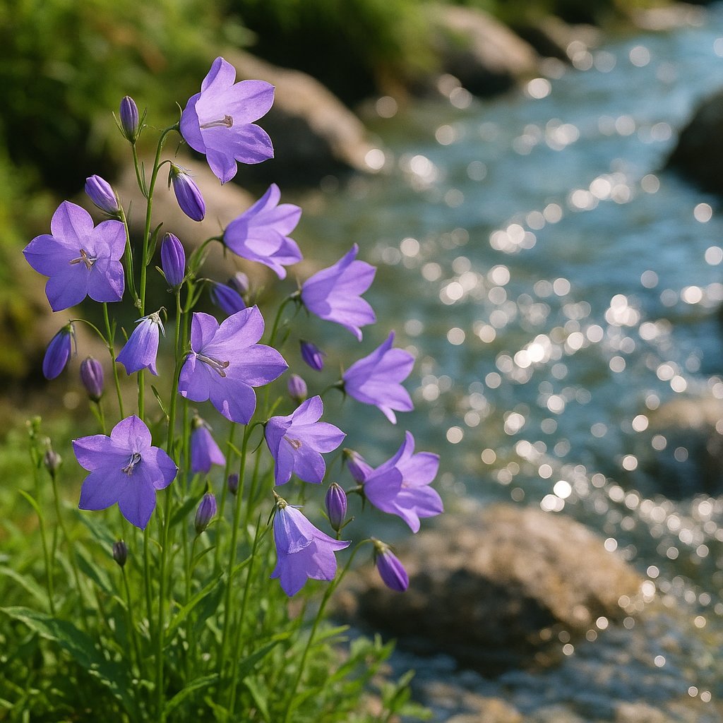 Purple Bellflowers by a Sparkling Mountain Stream