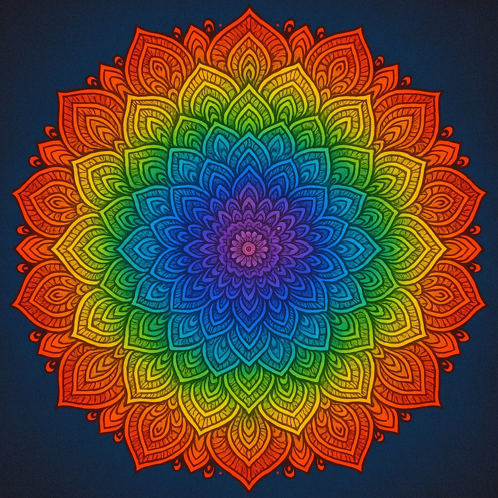 Radiant Rainbow Mandala — Symmetric Floral Burst