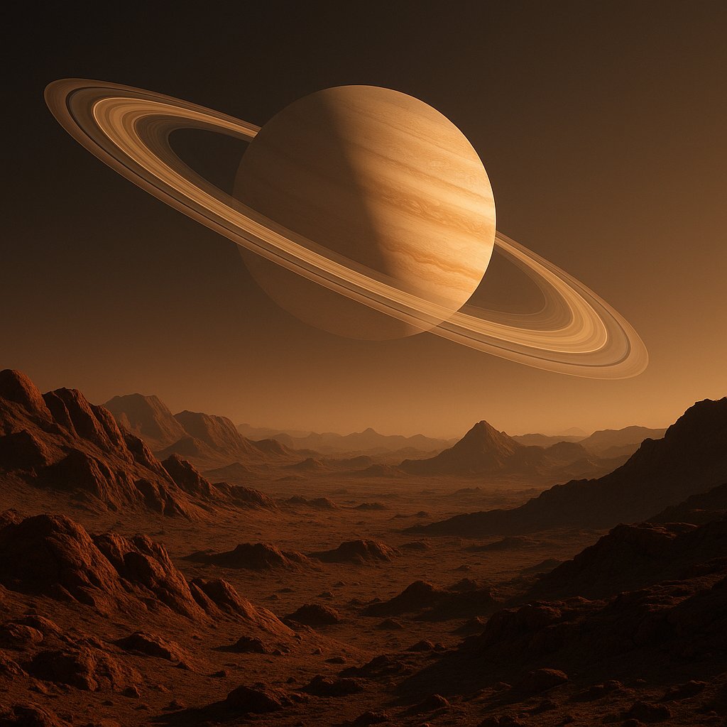 Ringed Giant Over a Rusted Exoplanet
