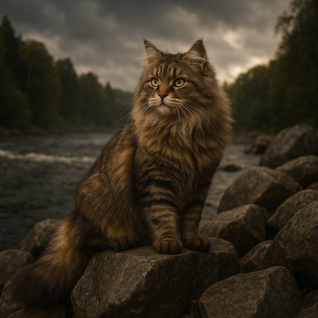 River Sentinel — Siberian Cat on Rocky Bank