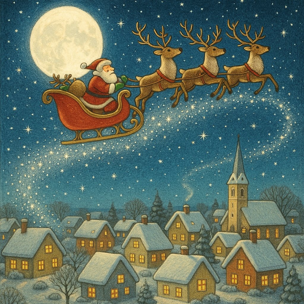 Santa's Sleigh Over a Snowy Village