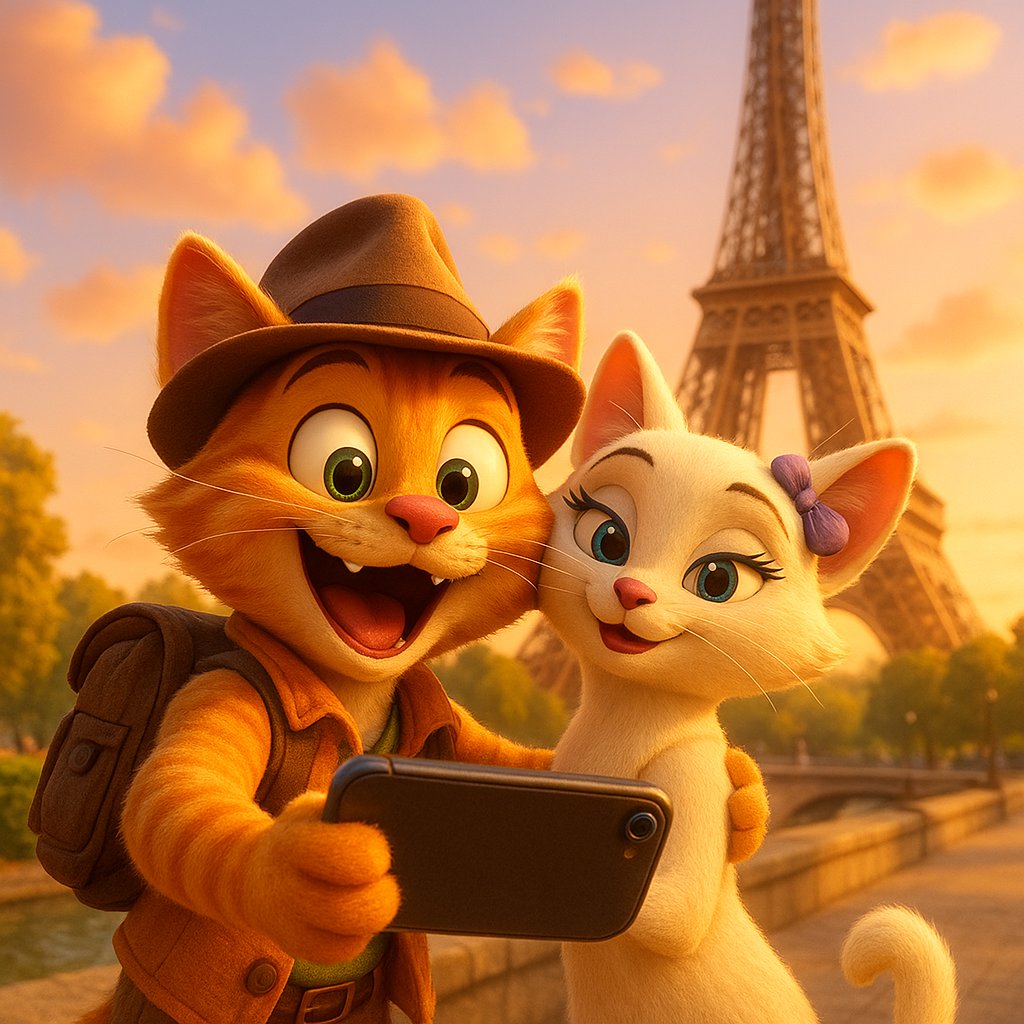 Selfie in Paris - Cartoon Cats at Golden Hour