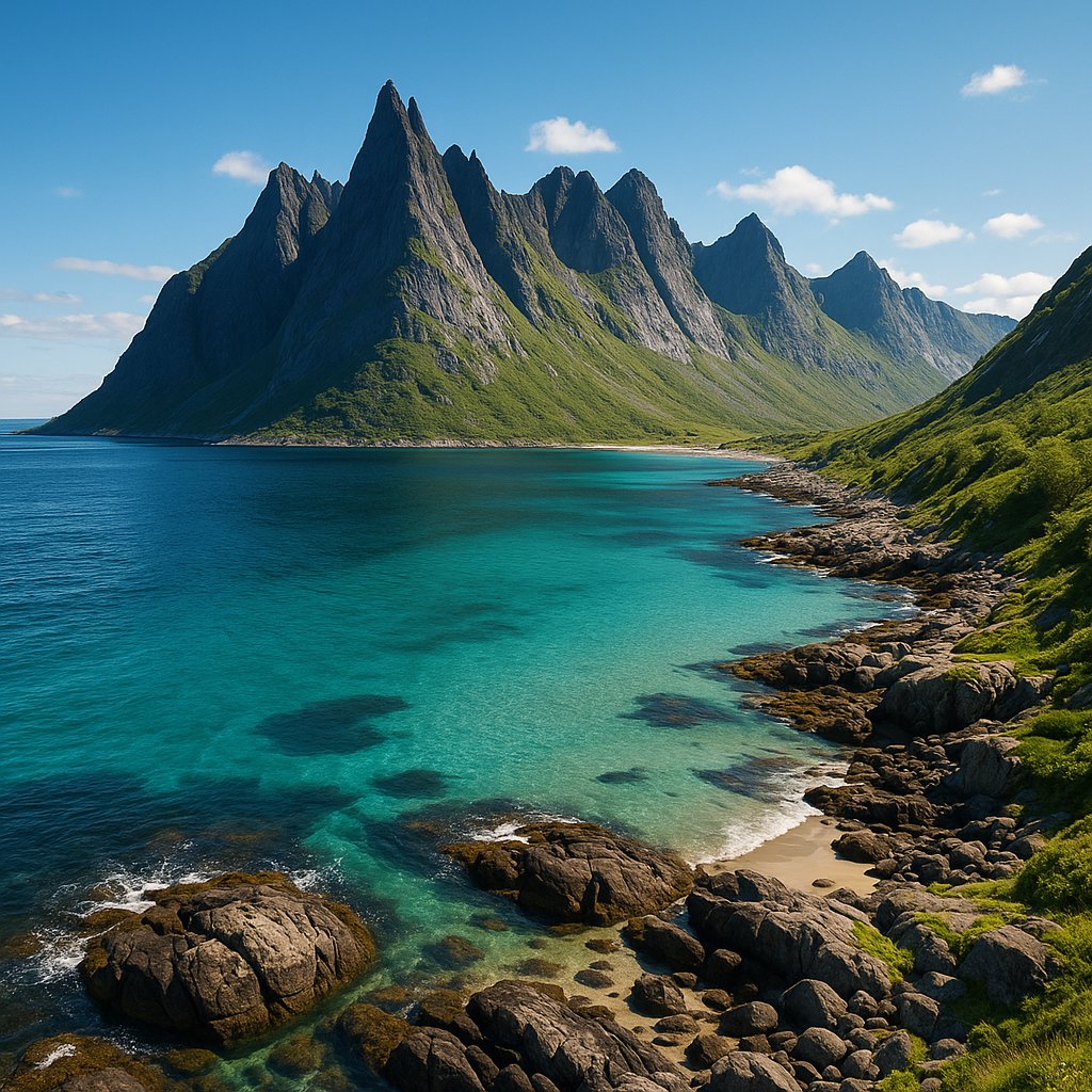 Senja Coastline — Jagged Peaks and Turquoise Summer Sea