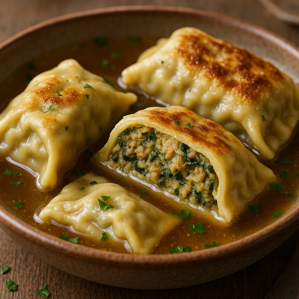 Sliced Maultaschen in Rich Broth