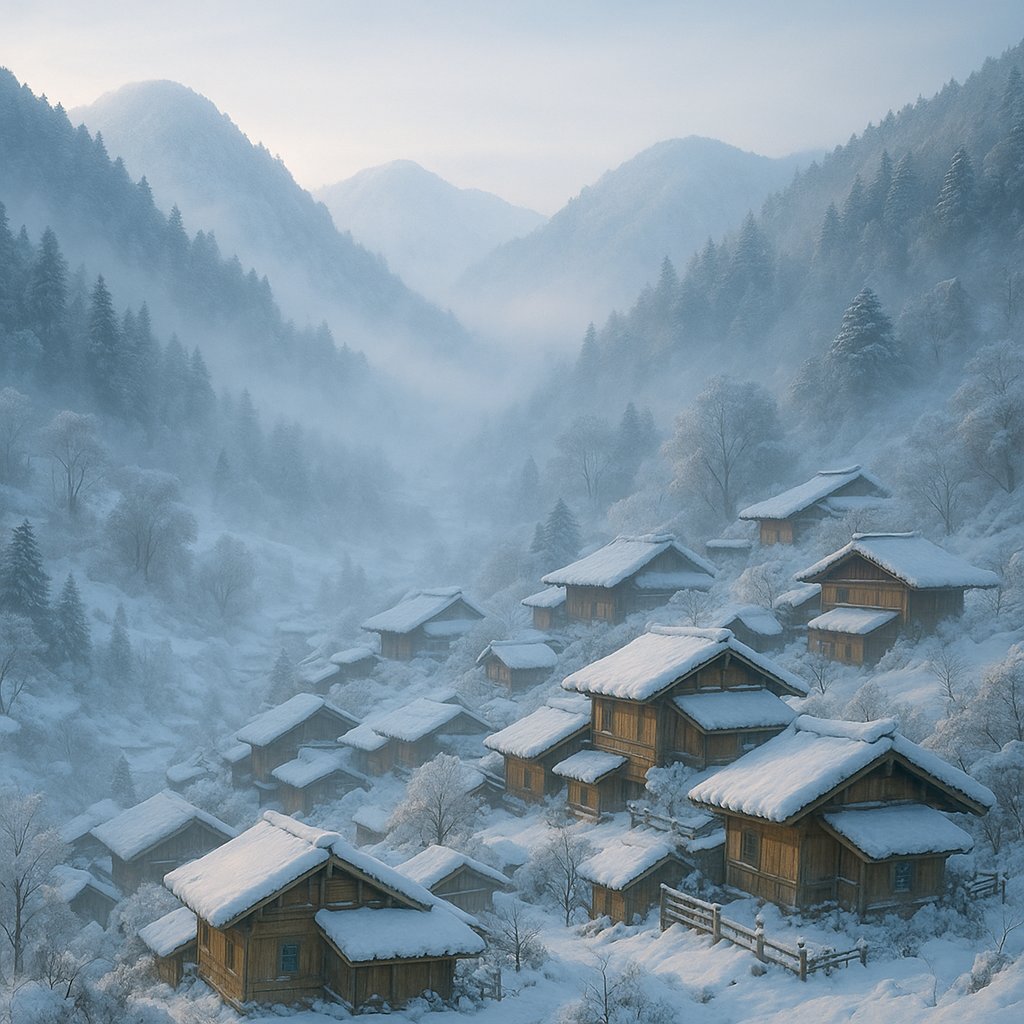 Snow‑Blanketed Yunnan Mountain Village at Dawn
