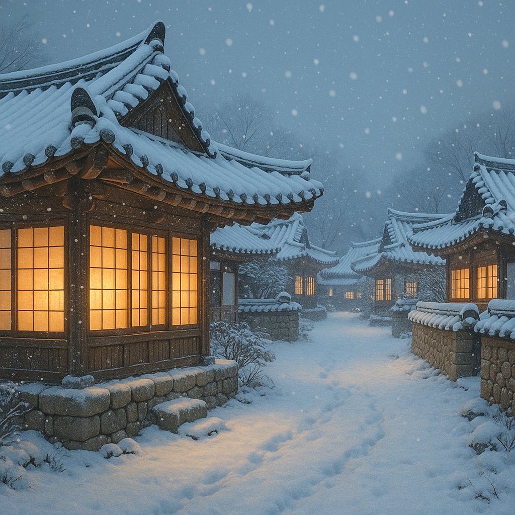 Snowfall Over a Hanok Village at Dusk