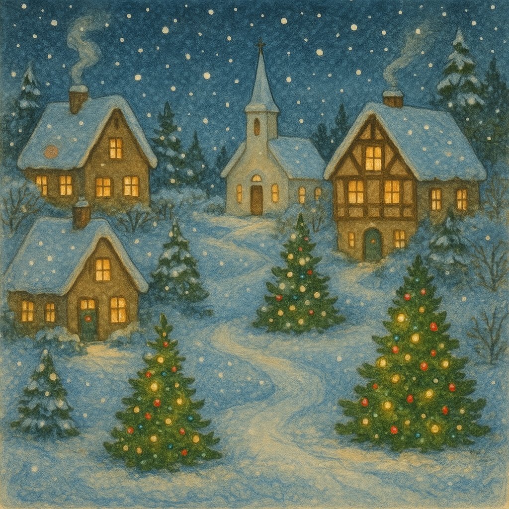 Snowy Christmas Village at Night