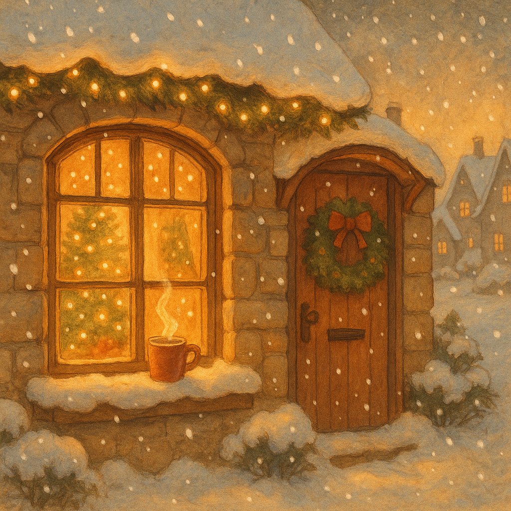 Snowy Cottage Window at Twilight