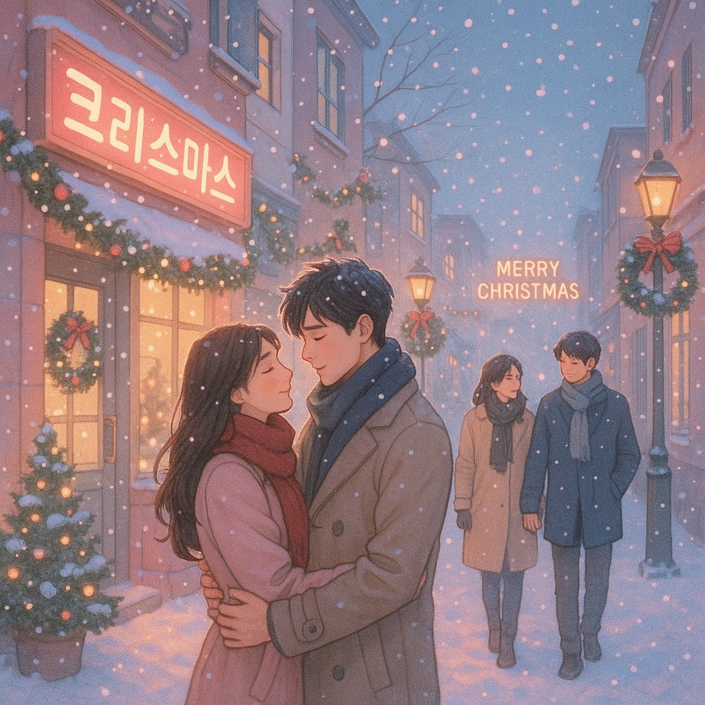 Snowy Korean Christmas Night — Romantic Couples on a Festive Street