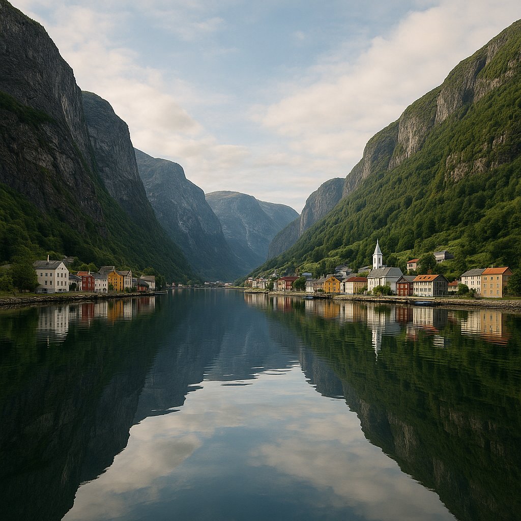 Sognefjord Vista — Fjordside Village at Dawn