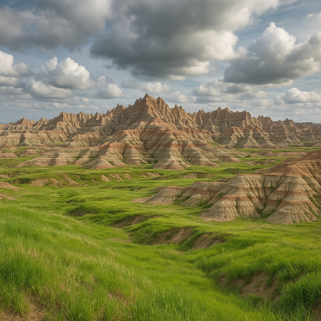 Spring Badlands: Layered Peaks and Fresh Grasses