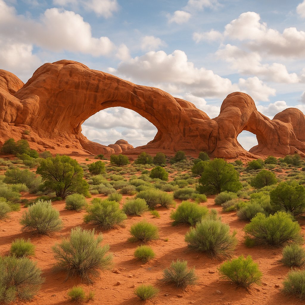 Spring Morning at Arches: Double Arch and Desert Greens