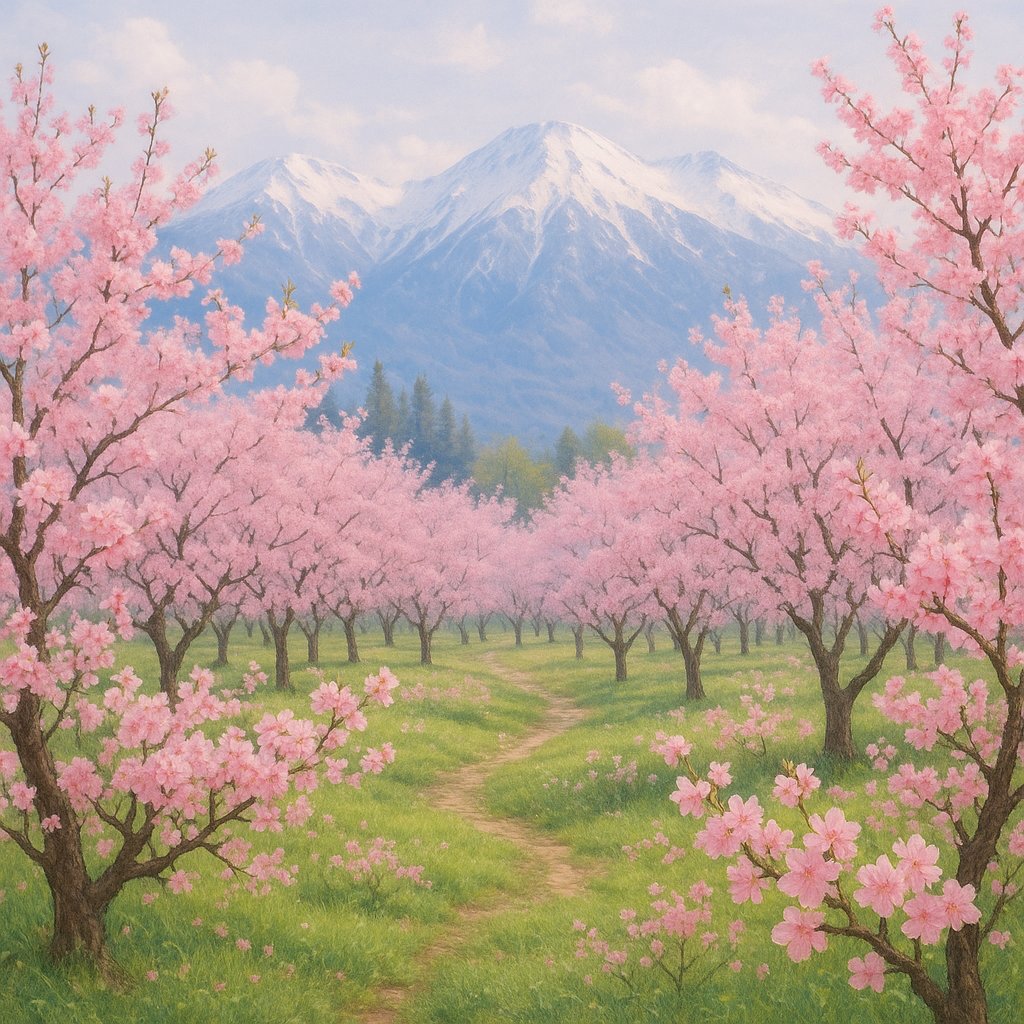 Springtime Cherry Orchard with Snow-Capped Peaks