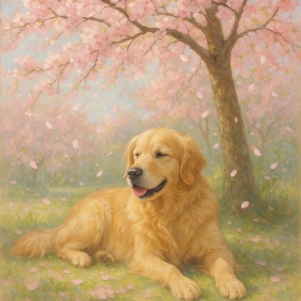 Springtime Serenity: Golden Retriever Under Cherry Blossoms