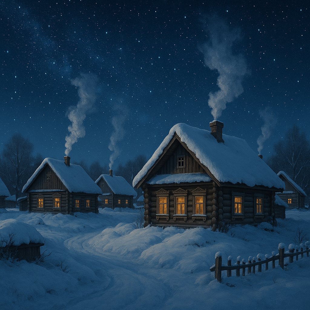 Starry Winter Night in a Russian Izba Village