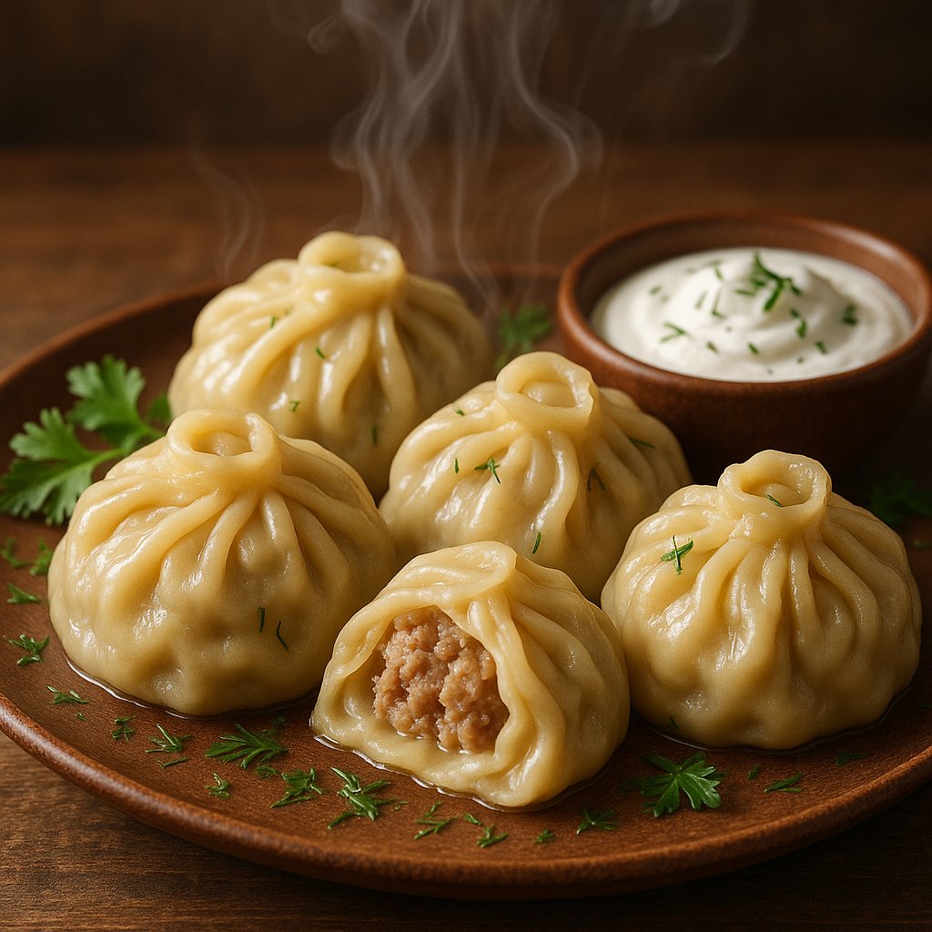 Steaming Manty Dumplings with Sour Cream and Herbs