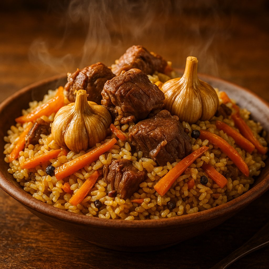 Steaming Uzbek Plov with Tender Lamb and Whole Garlic