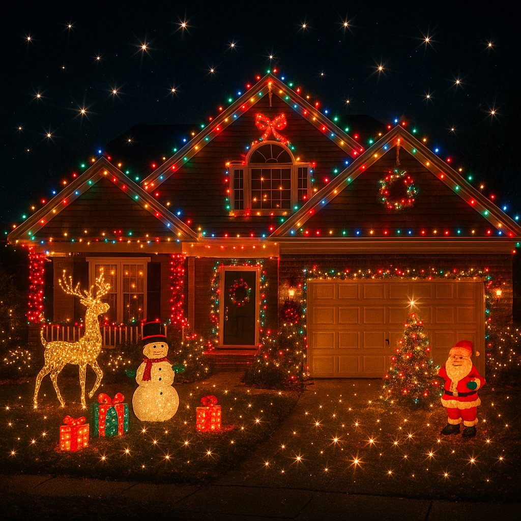 Suburban Home Dressed in Spectacular Christmas Lights at Night