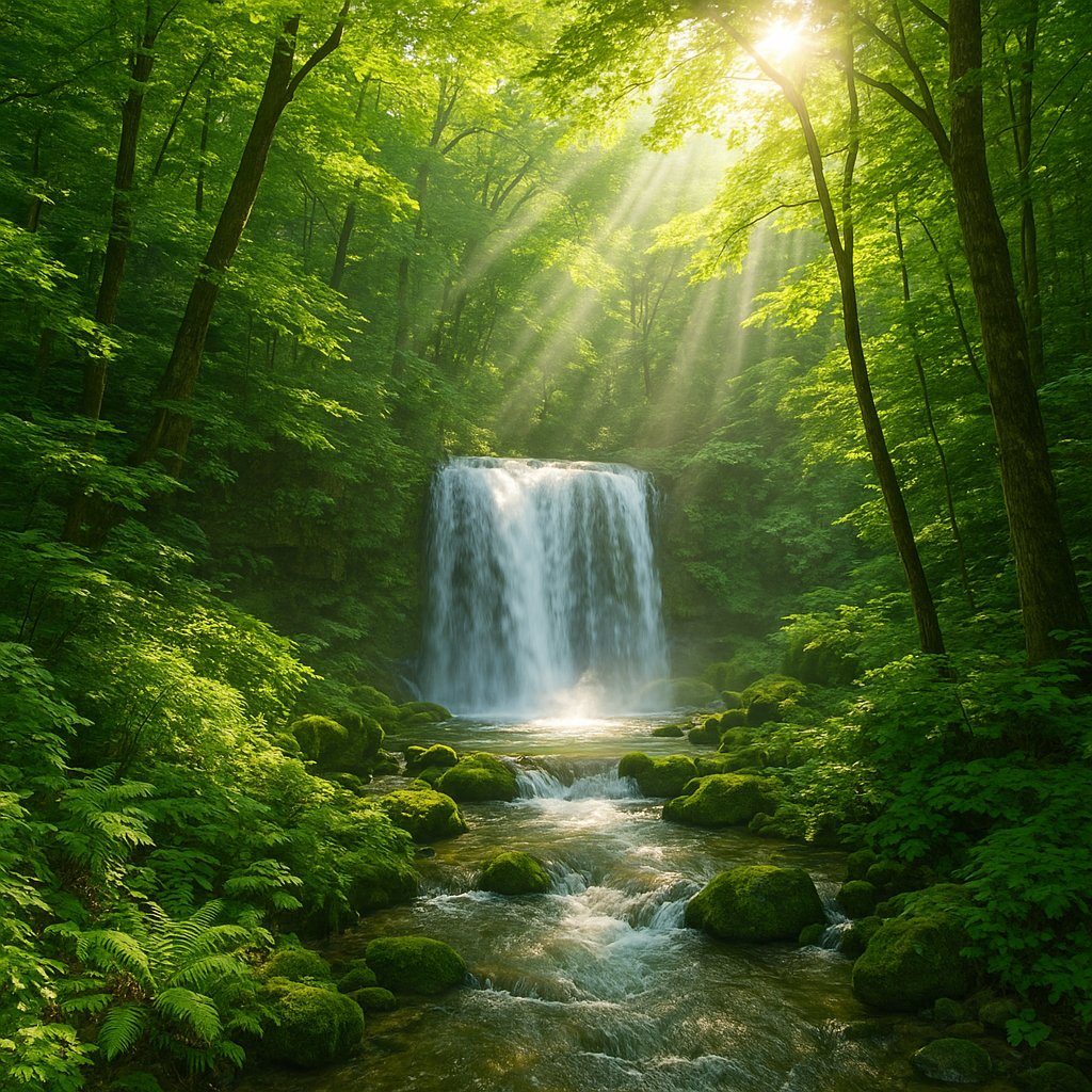 Summer Forest Waterfall at Sunrise