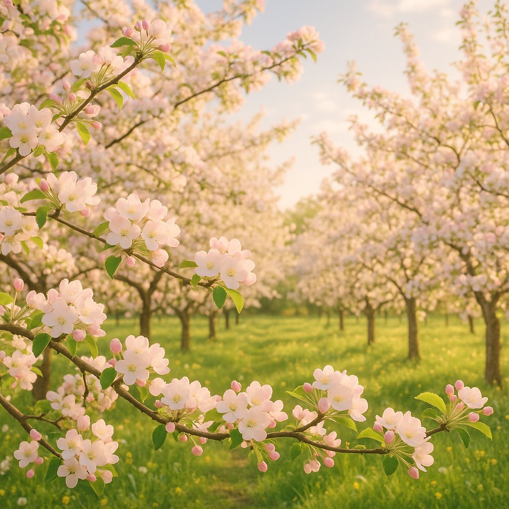 Sunlit Apple Orchard in Bloom