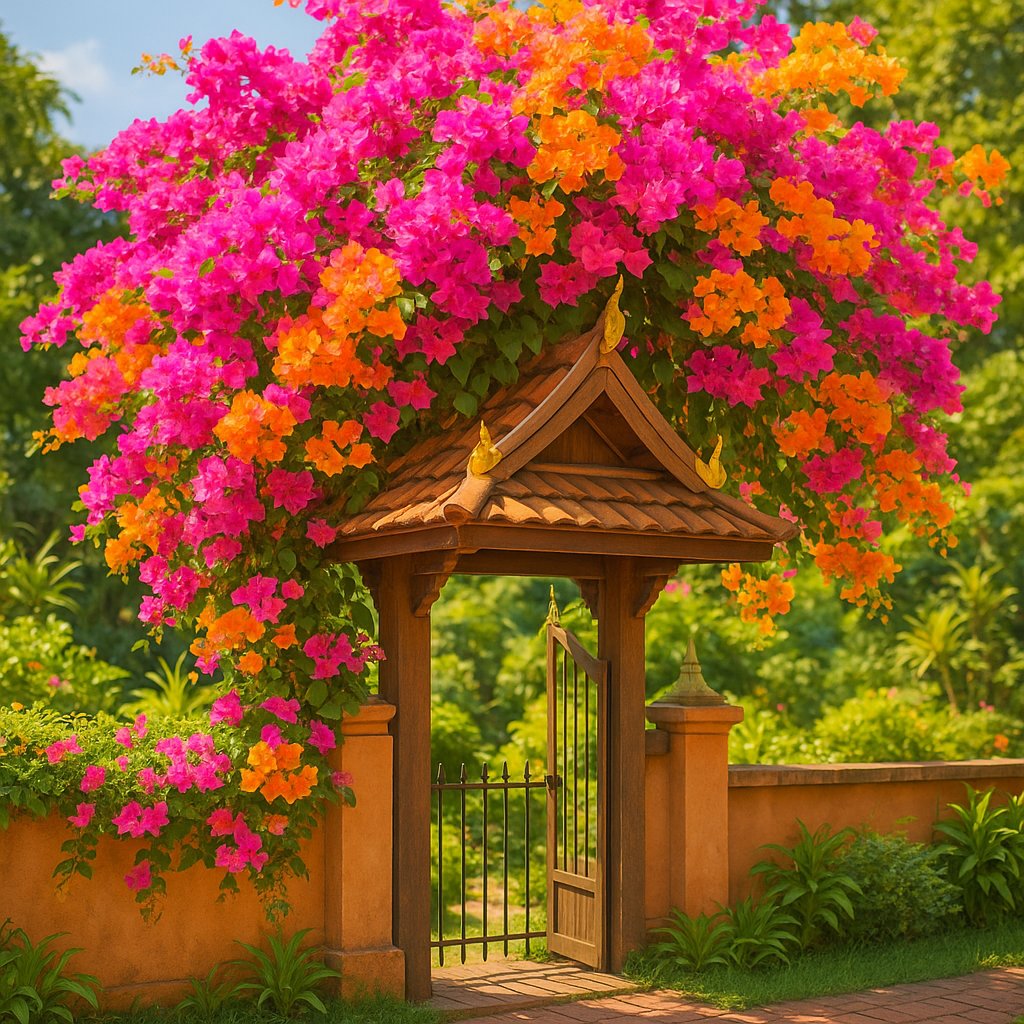 Sunlit Bougainvillea Arch over Thai Garden Gate