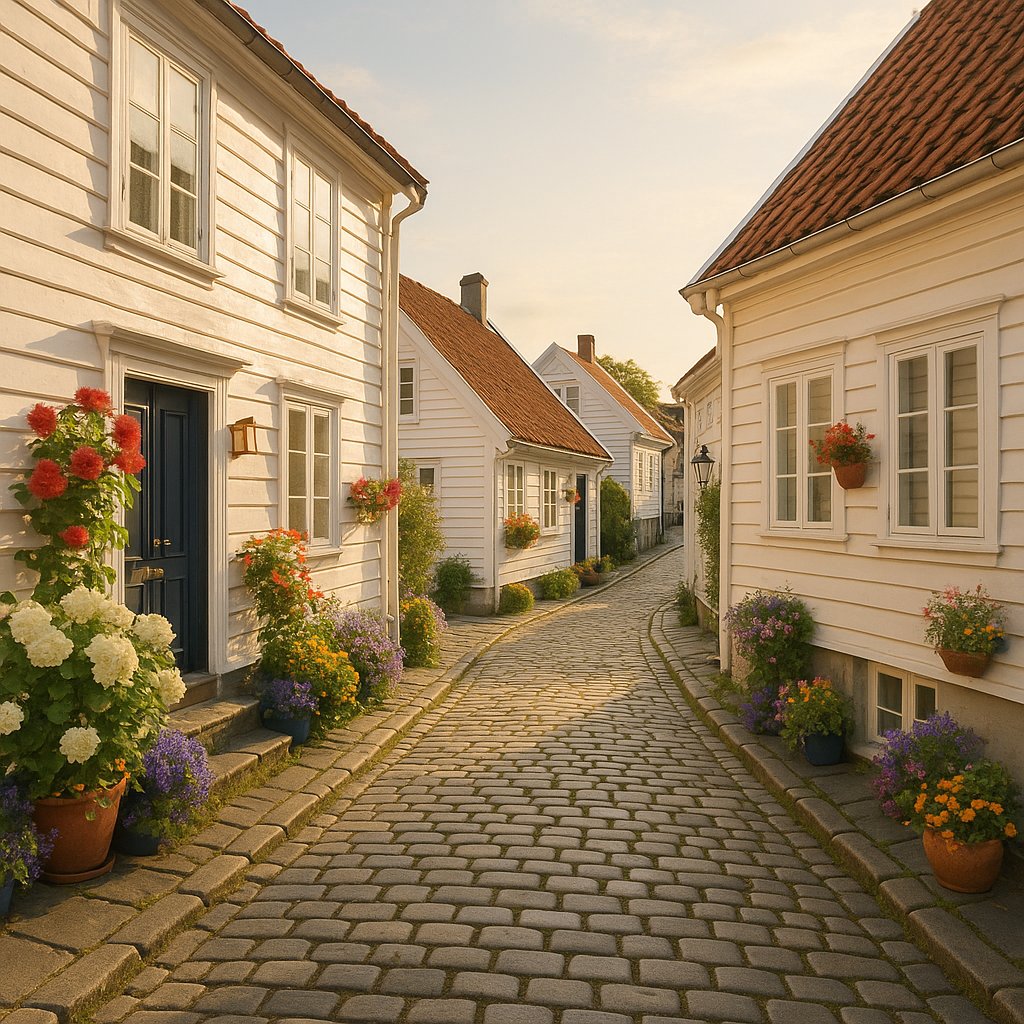 Sunlit Cobblestone Lane in Stavanger Old Town