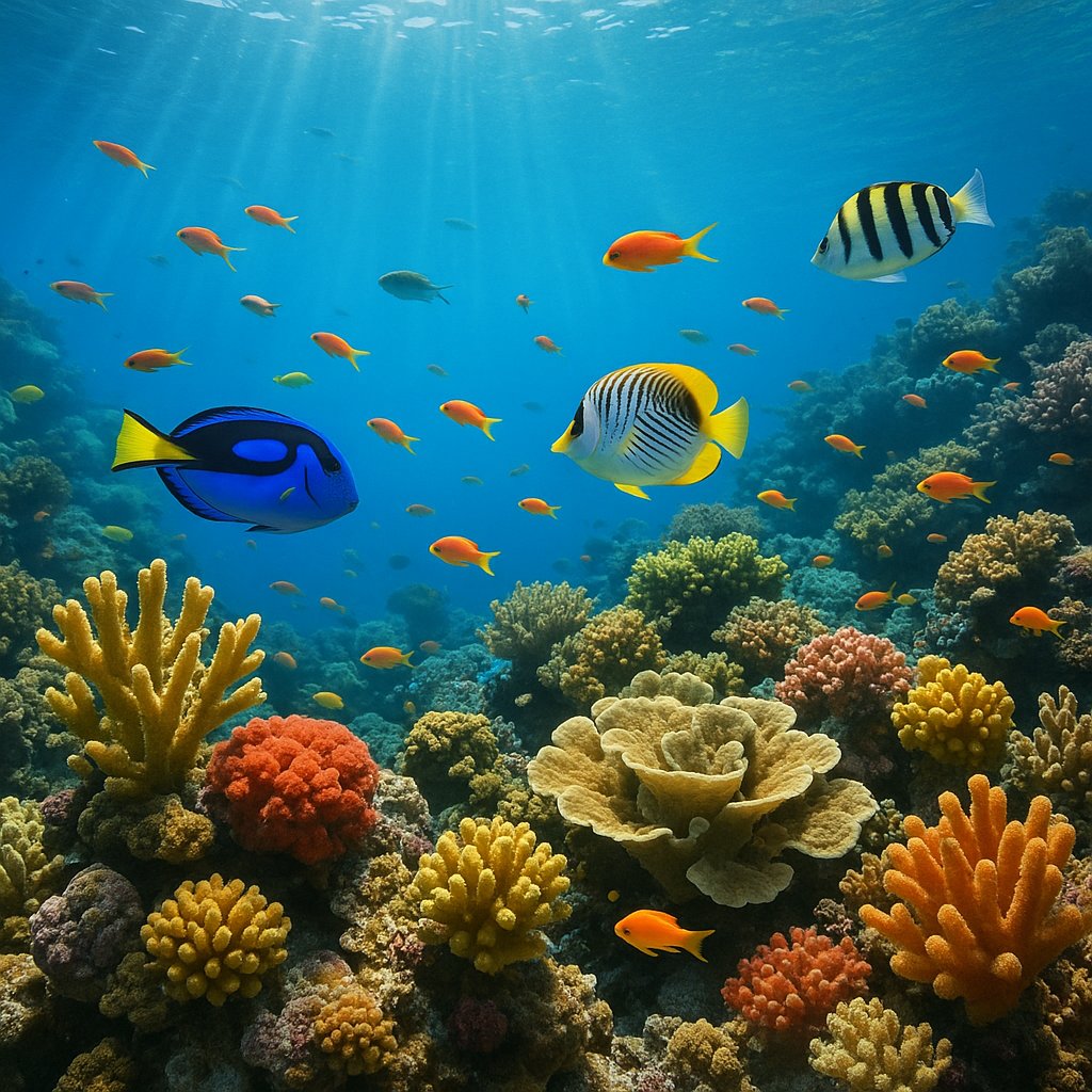 Sunlit Coral Reef Alive with Colorful Tropical Fish