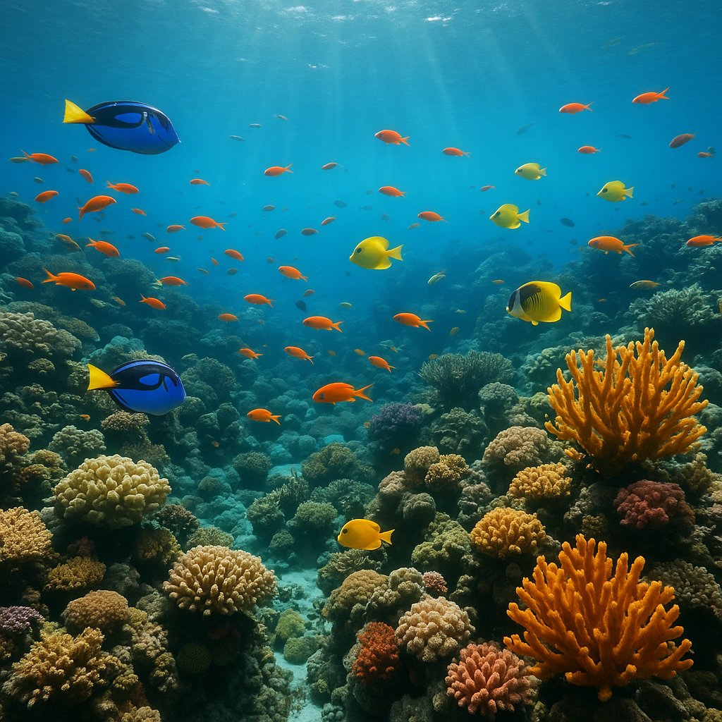 Sunlit Coral Reef Alive with Tropical Fish