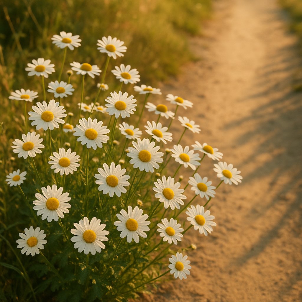 Sunlit Daisies Along a Country Path