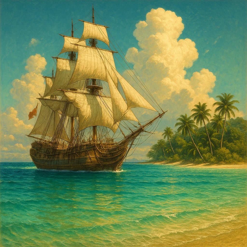 Sunlit Frigate off a Tropical Isle