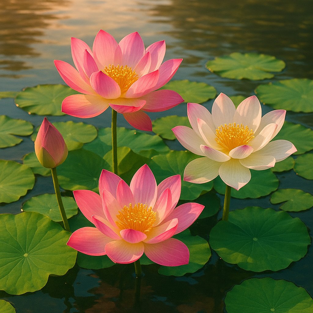 Sunlit Lotus Trio on a Serene Pond