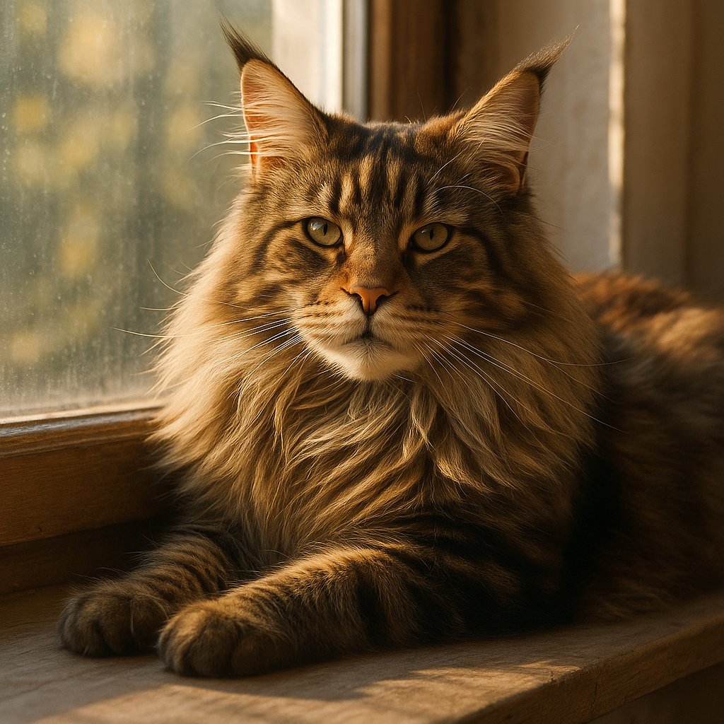 Sunlit Maine Coon on the Windowsill