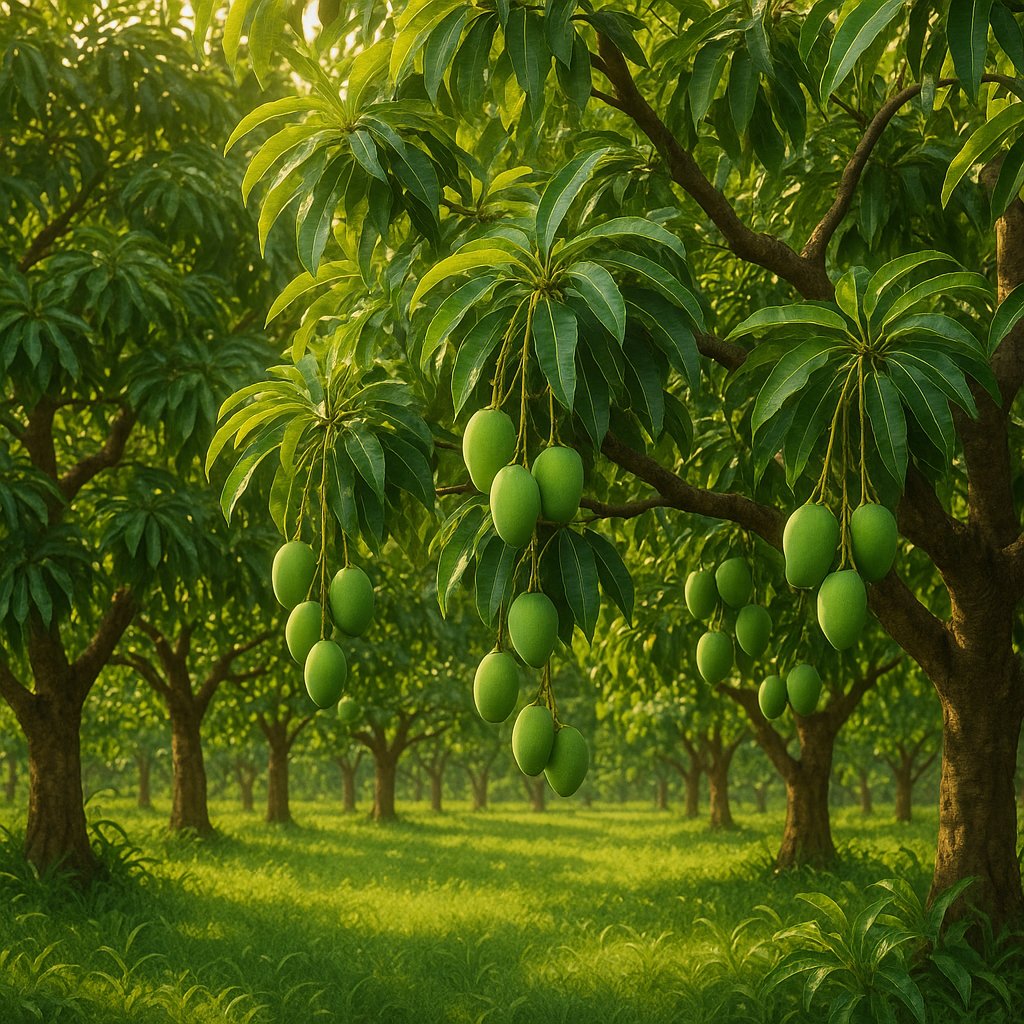 Sunlit Mango Grove with Young Fruit