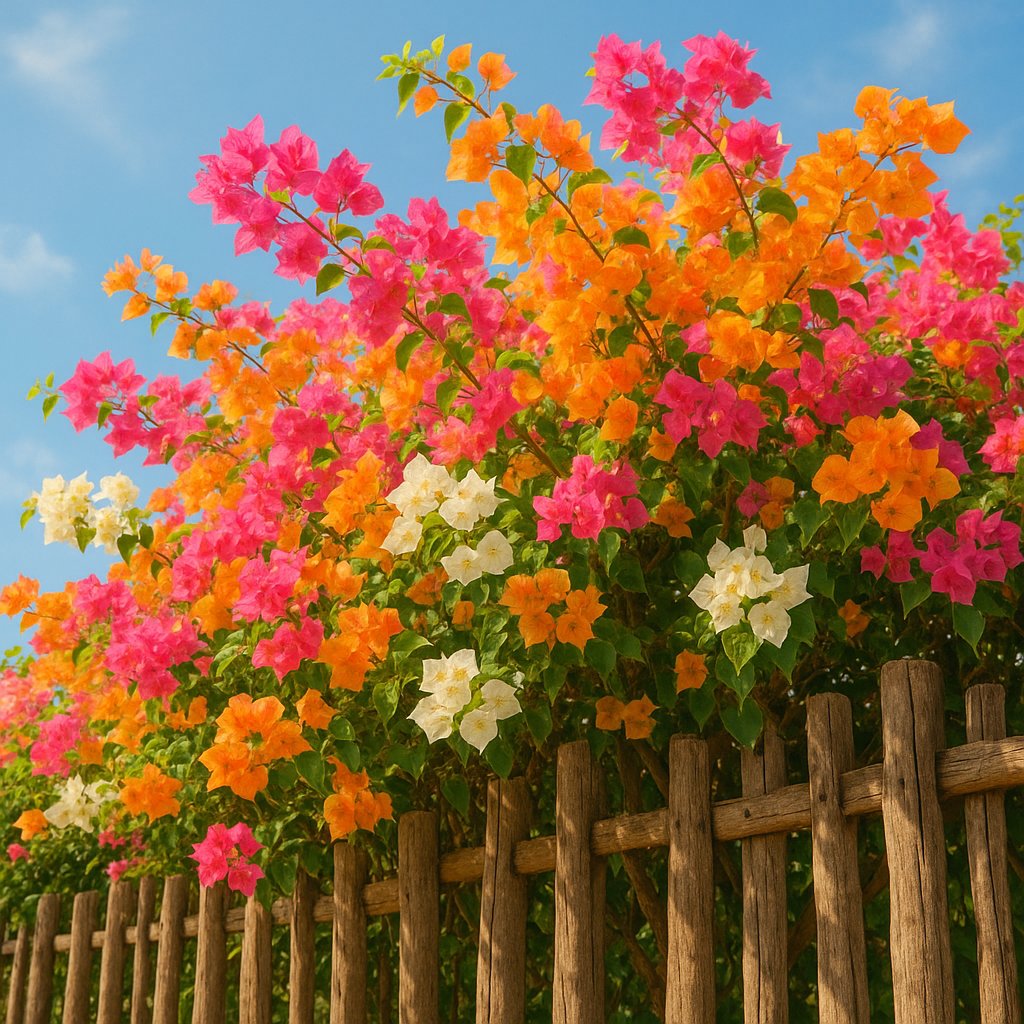 Sunlit Multicolor Bougainvillea Over Rustic Fence