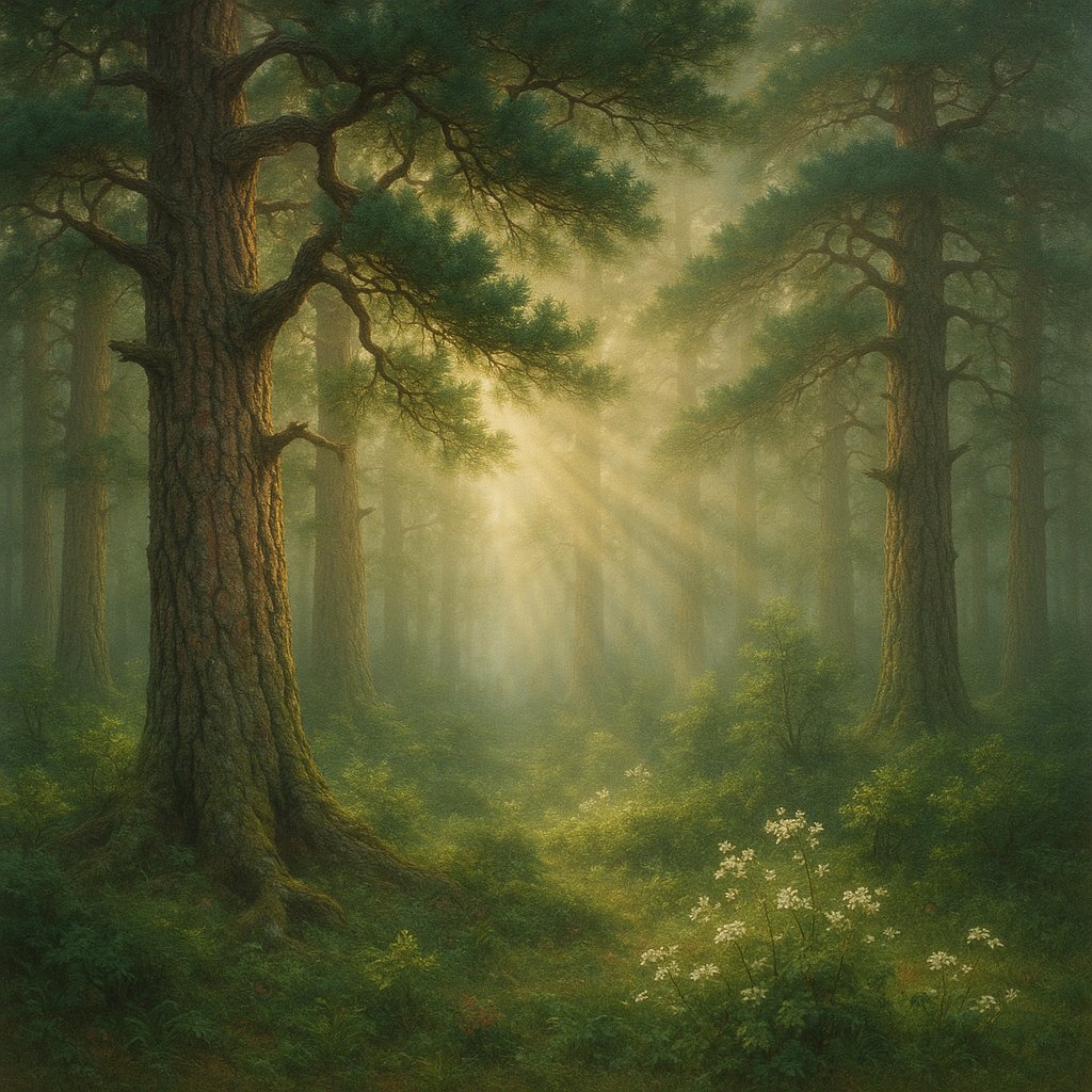 Sunlit Pines in the Mist