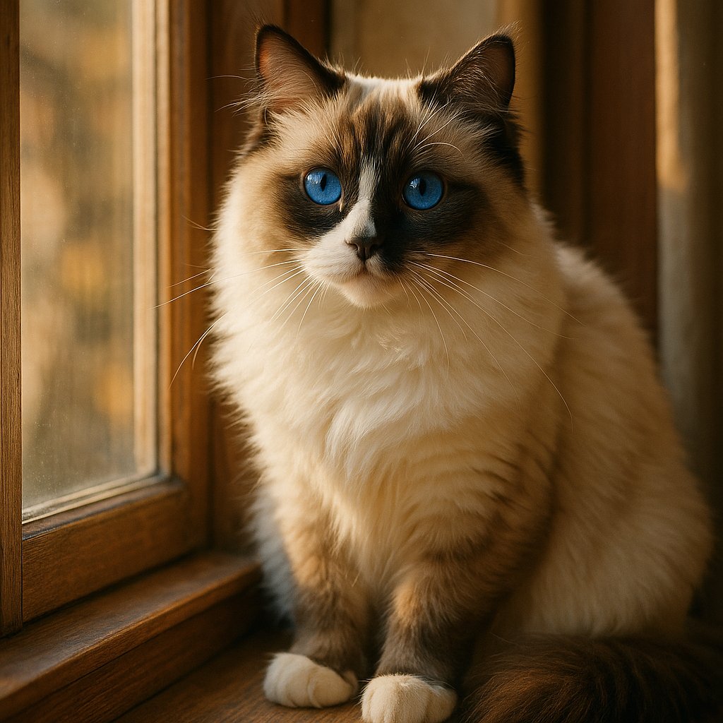 Sunlit Ragdoll on a Wooden Windowsill