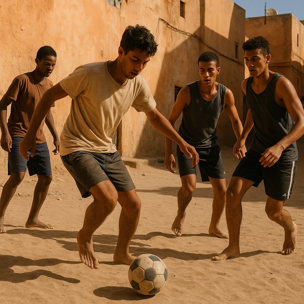 Sunlit Street Football in Morocco