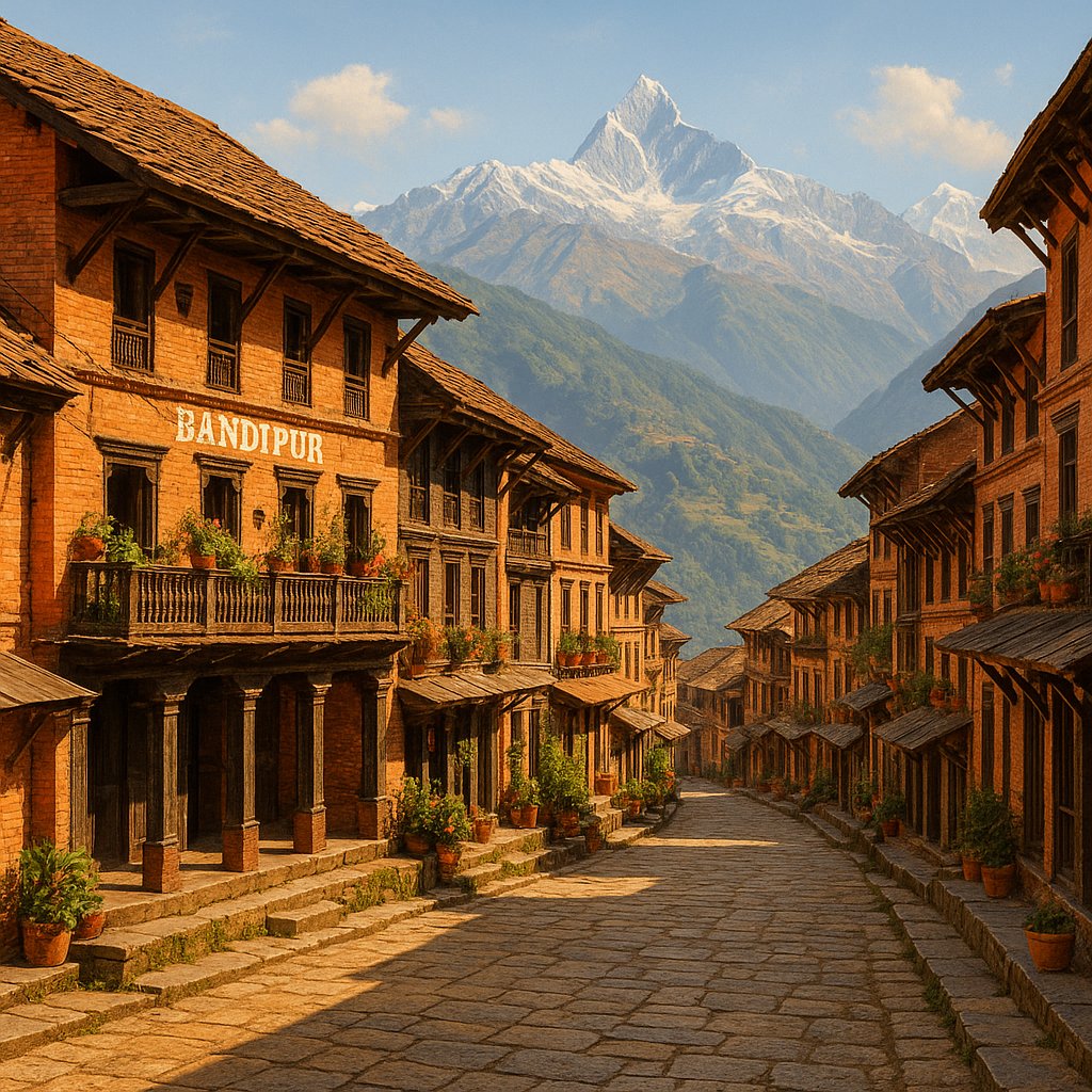 Sunlit Street of Bandipur Hill Town