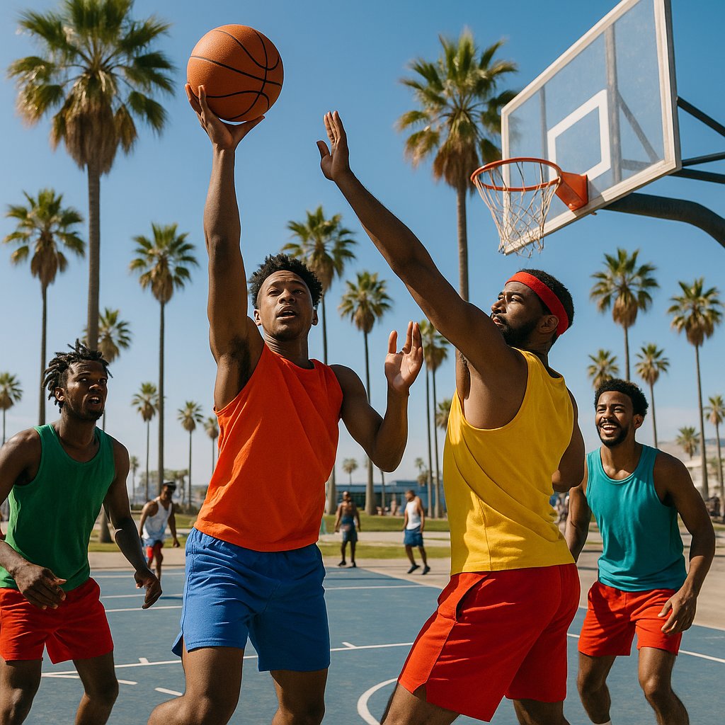 Sunlit Streetball Game Under California Palms