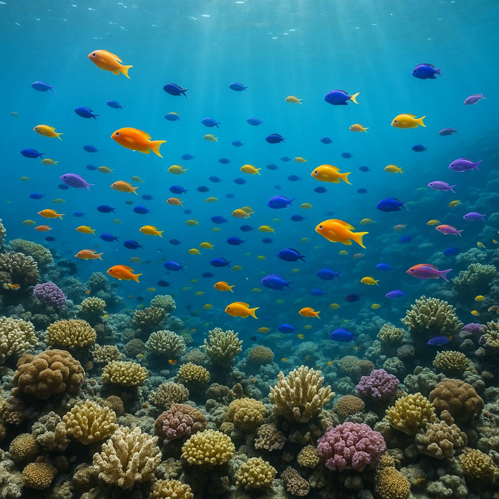Sunlit Tropical Reef with Colorful School of Damselfish