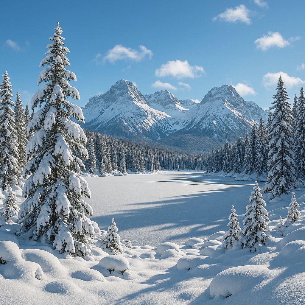 Sunlit Winter Lake in the Mountain Basin