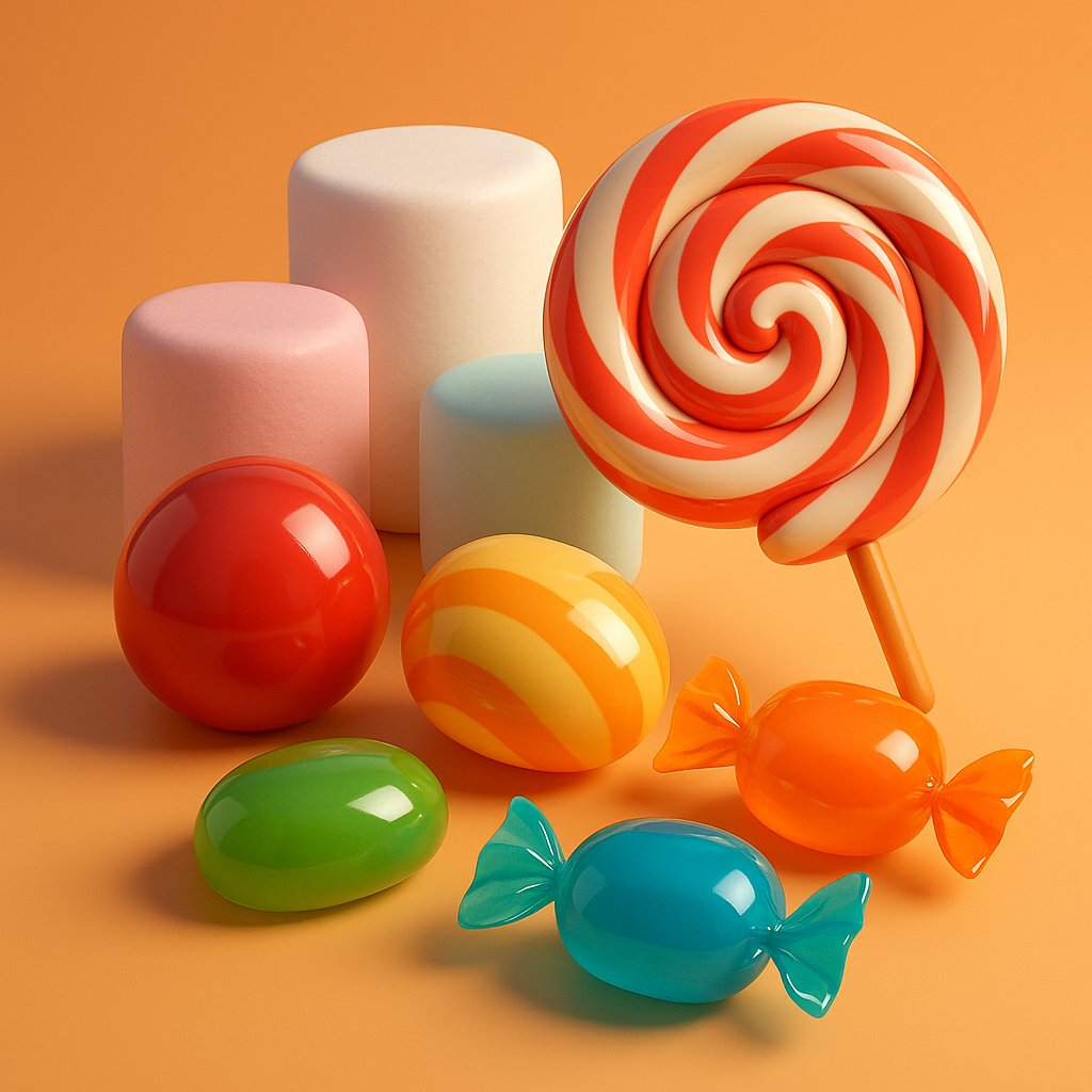 Sunny Candy Still Life — Glossy 3D Sweets