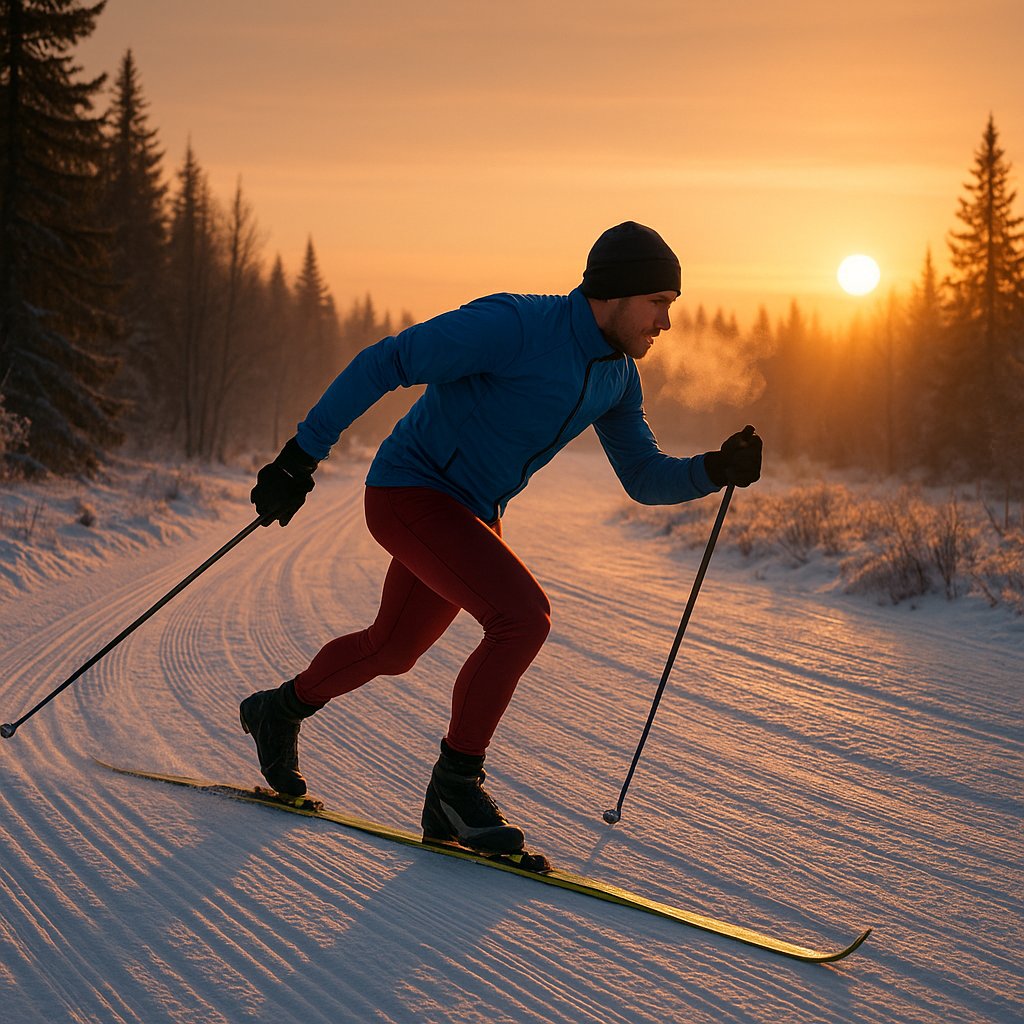 Sunrise Skate: Solo Cross-Country Skier on Empty Trail