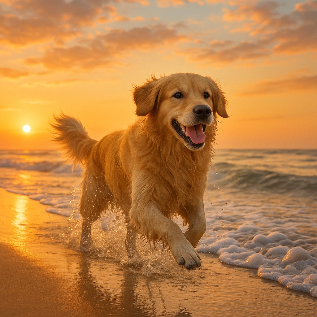 Sunrise Sprint: Golden Retriever on the Shore