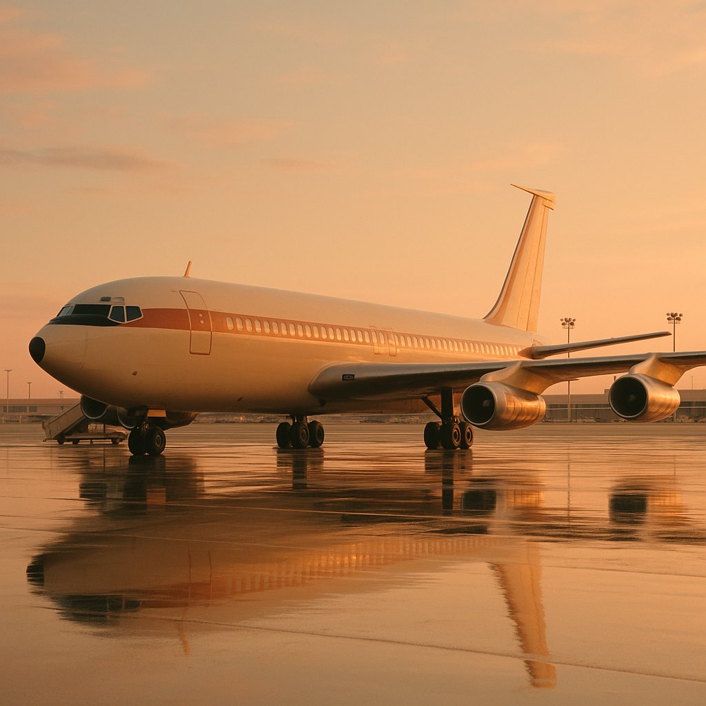 Sunset at Gate — 1960s Jetliner Reflection