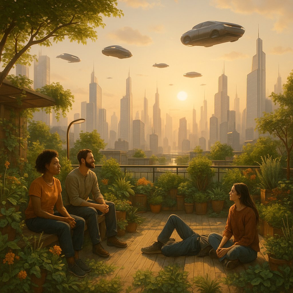 Sunset on a Rooftop Garden in a Future City