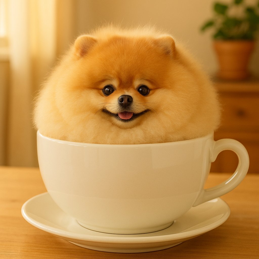 Teacup Teddy: Fluffy Pomeranian in an Oversized Cup