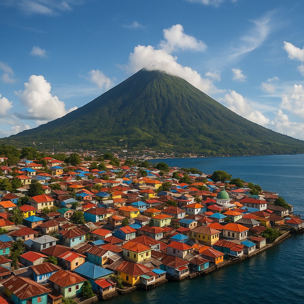 Ternate Coastal Town beneath Mount Gamalama